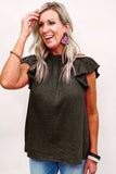 LC25119005-2-S, LC25119005-2-M, LC25119005-2-L, LC25119005-2-XL, LC25119005-2-2XL, Black Valentines Day Pink Flutter Sleeve Frilled Neck Blouse for Women