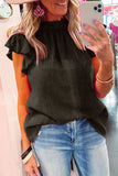 LC25119005-2-S, LC25119005-2-M, LC25119005-2-L, LC25119005-2-XL, LC25119005-2-2XL, Black Valentines Day Pink Flutter Sleeve Frilled Neck Blouse for Women