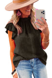 LC25119005-2-S, LC25119005-2-M, LC25119005-2-L, LC25119005-2-XL, LC25119005-2-2XL, Black Valentines Day Pink Flutter Sleeve Frilled Neck Blouse for Women