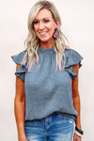 LC25119005-4-S, LC25119005-4-M, LC25119005-4-L, LC25119005-4-XL, LC25119005-4-2XL, Sky Blue Valentines Day Pink Flutter Sleeve Frilled Neck Blouse for Women