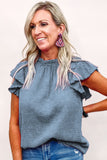 LC25119005-4-S, LC25119005-4-M, LC25119005-4-L, LC25119005-4-XL, LC25119005-4-2XL, Sky Blue Valentines Day Pink Flutter Sleeve Frilled Neck Blouse for Women