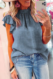 LC25119005-4-S, LC25119005-4-M, LC25119005-4-L, LC25119005-4-XL, LC25119005-4-2XL, Sky Blue Valentines Day Pink Flutter Sleeve Frilled Neck Blouse for Women