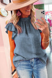 LC25119005-4-S, LC25119005-4-M, LC25119005-4-L, LC25119005-4-XL, LC25119005-4-2XL, Sky Blue Valentines Day Pink Flutter Sleeve Frilled Neck Blouse for Women