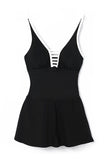 LC443469-2-S, LC443469-2-M, LC443469-2-L, LC443469-2-XL, LC443469-2-2XL, Black Women's One Piece Swimdress Skirted Strappy V Neck Side Split One-piece Bathing Suit