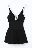 LC443469-2-S, LC443469-2-M, LC443469-2-L, LC443469-2-XL, LC443469-2-2XL, Black Women's One Piece Swimdress Skirted Strappy V Neck Side Split One-piece Bathing Suit