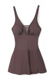 LC443469-17-S, LC443469-17-M, LC443469-17-L, LC443469-17-XL, LC443469-17-2XL, Brown Women's One Piece Swimdress Skirted Strappy V Neck Side Split One-piece Bathing Suit