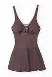 LC443469-17-S, LC443469-17-M, LC443469-17-L, LC443469-17-XL, LC443469-17-2XL, Brown Women's One Piece Swimdress Skirted Strappy V Neck Side Split One-piece Bathing Suit