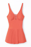 LC443469-14-S, LC443469-14-M, LC443469-14-L, LC443469-14-XL, LC443469-14-2XL, Orange Women's One Piece Swimdress Skirted Strappy V Neck Side Split One-piece Bathing Suit
