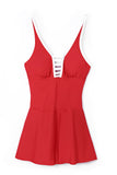 LC443469-103-S, LC443469-103-M, LC443469-103-L, LC443469-103-XL, LC443469-103-2XL, Red Women's One Piece Swimdress Skirted Strappy V Neck Side Split One-piece Bathing Suit