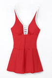 LC443469-103-S, LC443469-103-M, LC443469-103-L, LC443469-103-XL, LC443469-103-2XL, Red Women's One Piece Swimdress Skirted Strappy V Neck Side Split One-piece Bathing Suit