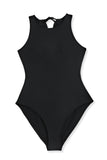 LC443499-2-S, LC443499-2-M, LC443499-2-L, LC443499-2-XL, Black Women's One Piece Bathing Suits Lace-up Ruffled Open Back Swimwear