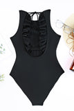 LC443499-2-S, LC443499-2-M, LC443499-2-L, LC443499-2-XL, Black Women's One Piece Bathing Suits Lace-up Ruffled Open Back Swimwear