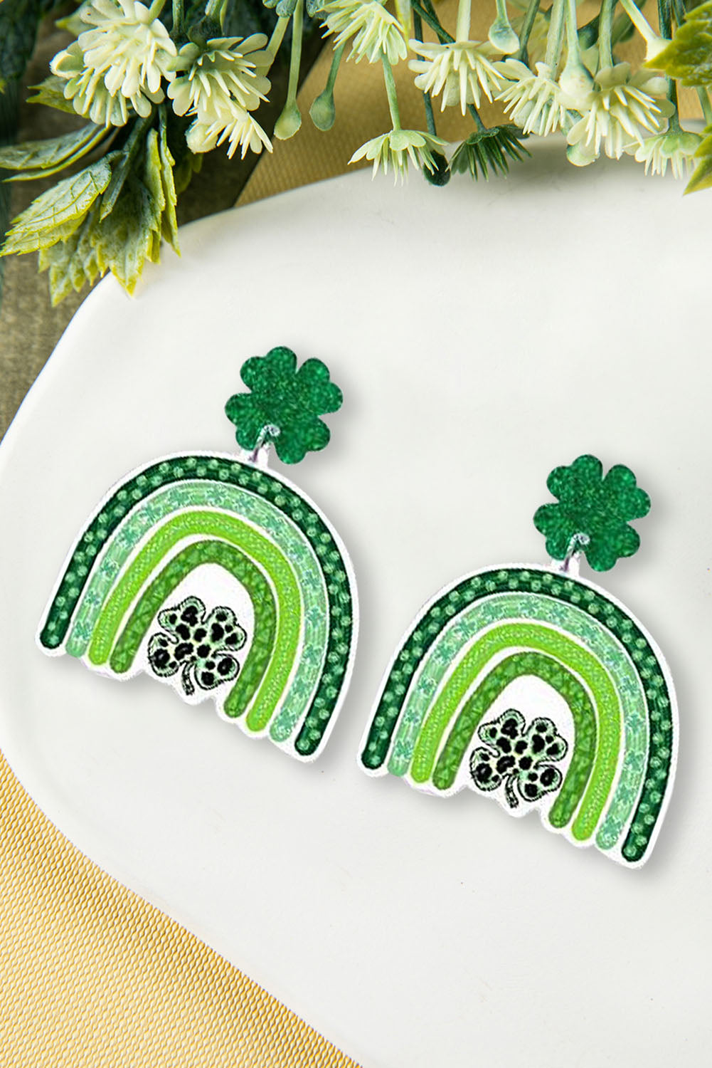BH012464-9, Green St. Patrick's Day Glitter Clover Rainbow Pattern Dangle Earrings