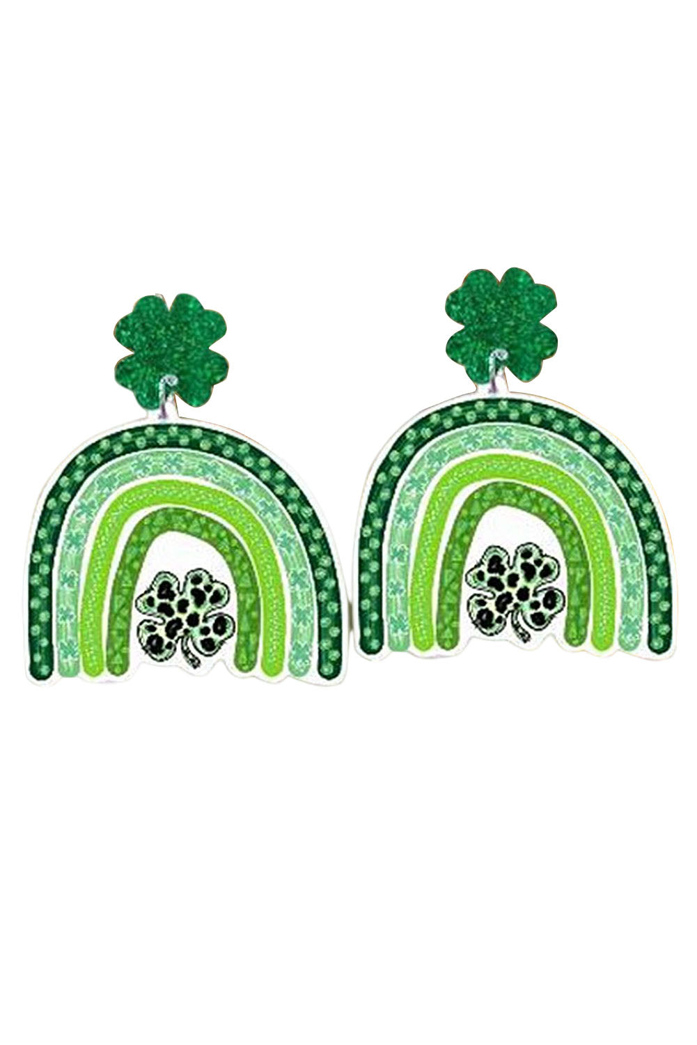 BH012464-9, Green St. Patrick's Day Glitter Clover Rainbow Pattern Dangle Earrings