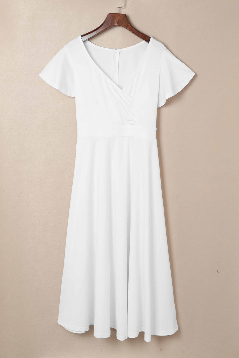 LC6110363-1-S, LC6110363-1-M, LC6110363-1-L, LC6110363-1-XL, LC6110363-1-2XL, White Womens V Neck Ruffle Sleeve Wrap Dress Midi Dress Cocktail Party Dress
