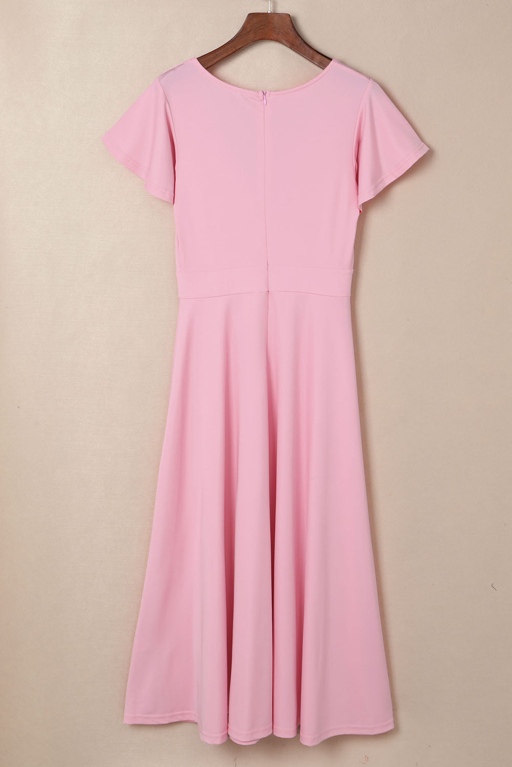 LC6110363-10-S, LC6110363-10-M, LC6110363-10-L, LC6110363-10-XL, LC6110363-10-2XL, Pink Womens V Neck Ruffle Sleeve Wrap Dress Midi Dress Cocktail Party Dress