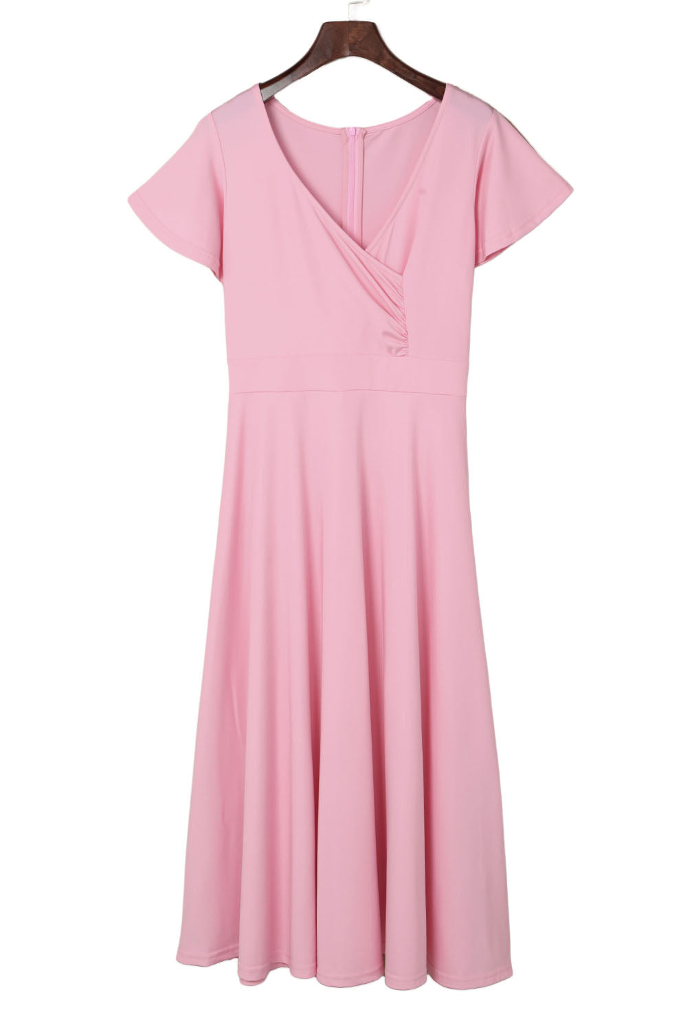 LC6110363-10-S, LC6110363-10-M, LC6110363-10-L, LC6110363-10-XL, LC6110363-10-2XL, Pink Womens V Neck Ruffle Sleeve Wrap Dress Midi Dress Cocktail Party Dress