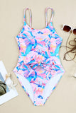 LC443502-10-S, LC443502-10-M, LC443502-10-L, LC443502-10-XL, Pink Floral Print Lace-up High Waist One Piece Swimsuit Swimwear