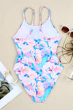 LC443502-10-S, LC443502-10-M, LC443502-10-L, LC443502-10-XL, Pink Floral Print Lace-up High Waist One Piece Swimsuit Swimwear