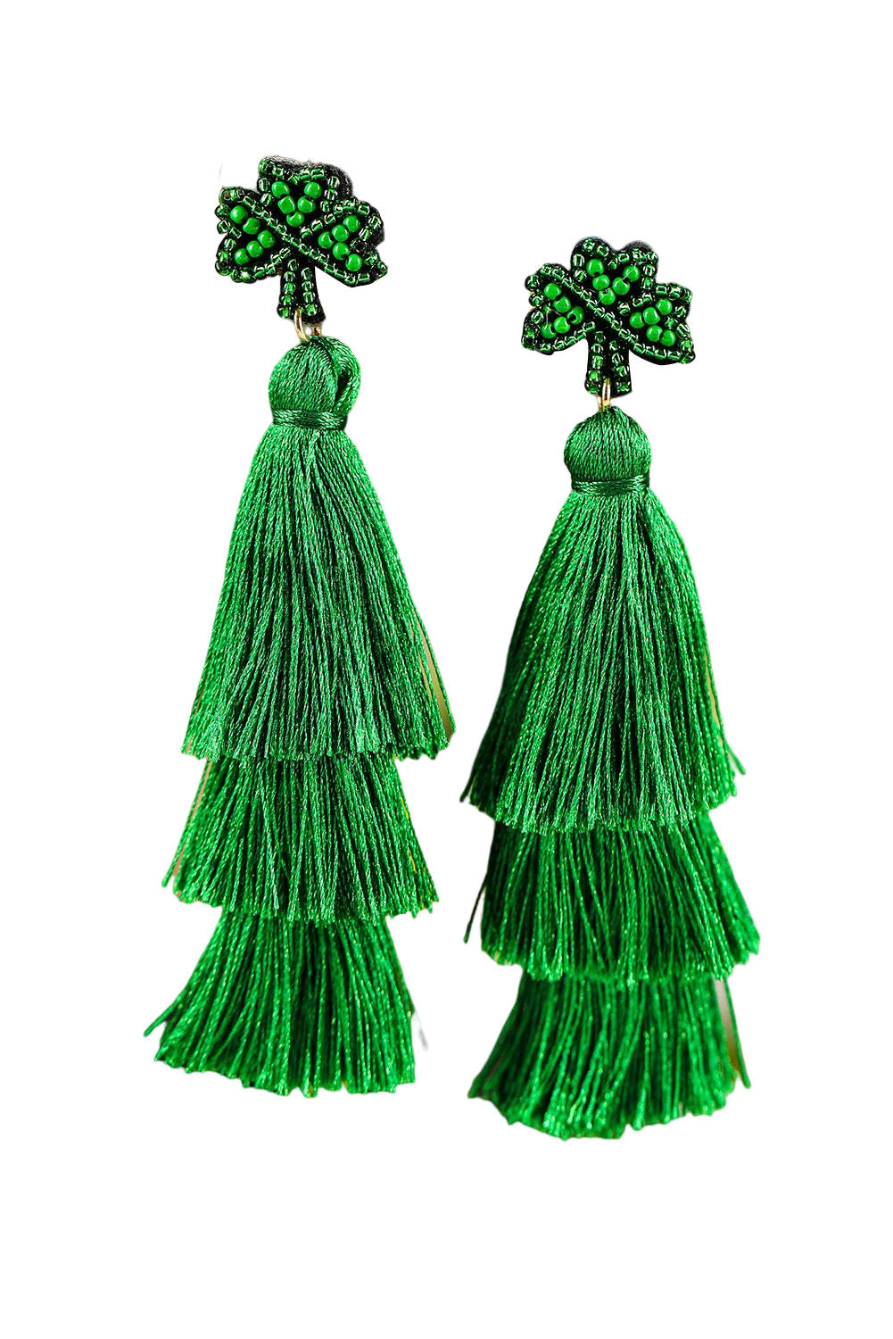 BH012480-9, Green St. Patricks Day Beaded Layered Tassel Earrings for Women