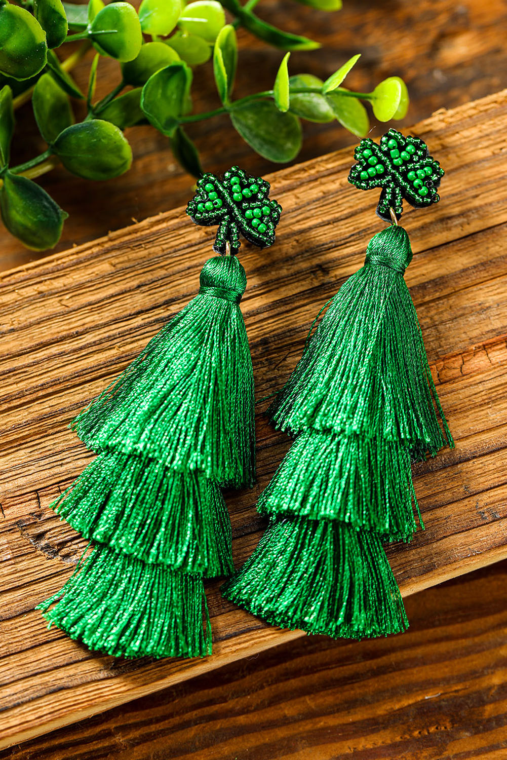 BH012480-9, Green St. Patricks Day Beaded Layered Tassel Earrings for Women