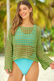 LC421654-9-S, LC421654-9-M, LC421654-9-L, Green Summer Crochet Hollow Out Loose Fit Long Sleeve Swimsuit Mesh Cover Up Top