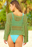 LC421654-9-S, LC421654-9-M, LC421654-9-L, Green Summer Crochet Hollow Out Loose Fit Long Sleeve Swimsuit Mesh Cover Up Top
