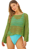 LC421654-9-S, LC421654-9-M, LC421654-9-L, Green Summer Crochet Hollow Out Loose Fit Long Sleeve Swimsuit Mesh Cover Up Top