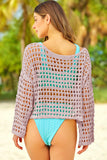 LC421654-10-S, LC421654-10-M, LC421654-10-L, Pink Summer Crochet Hollow Out Loose Fit Long Sleeve Swimsuit Mesh Cover Up Top