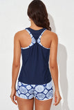 LC415772-5-S, LC415772-5-M, LC415772-5-L, LC415772-5-XL, LC415772-5-2XL, Blue 3 Piece Swimsuits for Women Printed Sporty Racerback Tankini Swimsuit