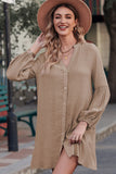 LC2552553-16-S, LC2552553-16-M, LC2552553-16-L, LC2552553-16-XL, LC2552553-16-2XL, Khaki Womens Long Sleeve Oversized Blouses Tops Button Up Bishop Sleeve Shirt