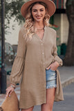 LC2552553-16-S, LC2552553-16-M, LC2552553-16-L, LC2552553-16-XL, LC2552553-16-2XL, Khaki Womens Long Sleeve Oversized Blouses Tops Button Up Bishop Sleeve Shirt