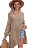 LC2552553-16-S, LC2552553-16-M, LC2552553-16-L, LC2552553-16-XL, LC2552553-16-2XL, Khaki Womens Long Sleeve Oversized Blouses Tops Button Up Bishop Sleeve Shirt