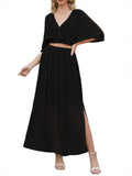 LC6114159-2-S, LC6114159-2-M, LC6114159-2-L, LC6114159-2-XL, Black Womens Boho V Neck Maxi Dress with High Slit