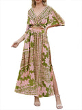 LC6114159-10-S, LC6114159-10-M, LC6114159-10-L, LC6114159-10-XL, Pink Womens Boho V Neck Maxi Dress with High Slit
