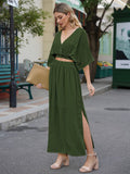 LC6114159-109-S, LC6114159-109-M, LC6114159-109-L, LC6114159-109-XL, Army Green   Womens Boho V Neck Maxi Dress with High Slit