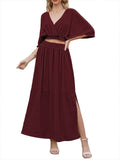 LC6114159-203-S, LC6114159-203-M, LC6114159-203-L, LC6114159-203-XL, Dark Red Womens Boho V Neck Maxi Dress with High Slit