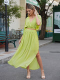 LC6114159-2709-S, LC6114159-2709-M, LC6114159-2709-L, LC6114159-2709-XL, Avocado Green Womens Boho V Neck Maxi Dress with High Slit