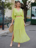 LC6114159-2709-S, LC6114159-2709-M, LC6114159-2709-L, LC6114159-2709-XL, Avocado Green Womens Boho V Neck Maxi Dress with High Slit