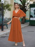 LC6114159-9019-S, LC6114159-9019-M, LC6114159-9019-L, LC6114159-9019-XL, Titian Orange Womens Boho V Neck Maxi Dress with High Slit