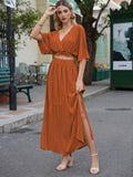 LC6114159-9019-S, LC6114159-9019-M, LC6114159-9019-L, LC6114159-9019-XL, Titian Orange Womens Boho V Neck Maxi Dress with High Slit