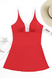 LC443469-103-S, LC443469-103-M, LC443469-103-L, LC443469-103-XL, LC443469-103-2XL, Red Women's One Piece Swimdress Skirted Strappy V Neck Side Split One-piece Bathing Suit