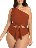 LC443580-17-XL, LC443580-17-2XL, LC443580-17-3XL, LC443580-17-4XL, Brown Women's Plus Size One Shoulder One Piece Swimsuit Cut Out Swimwear Bathing Suits