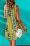 LC2211998-9-S, LC2211998-9-M, LC2211998-9-L, LC2211998-9-XL, Green V Neck Bohemian Floral Print Shift Dress Color Block Ruffled Sleeveless Mini Dress