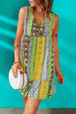 LC2211998-9-S, LC2211998-9-M, LC2211998-9-L, LC2211998-9-XL, Green V Neck Bohemian Floral Print Shift Dress Color Block Ruffled Sleeveless Mini Dress