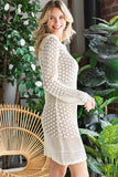 LC421624-15-S, LC421624-15-M, LC421624-15-L, LC421624-15-XL, Beige Women's Crochet Hollow Out Mini Dress Long Sleeve Beach Swimsuit