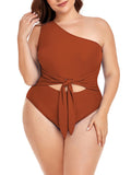 LC443580-17-XL, LC443580-17-2XL, LC443580-17-3XL, LC443580-17-4XL, Brown Women's Plus Size One Shoulder One Piece Swimsuit Cut Out Swimwear Bathing Suits