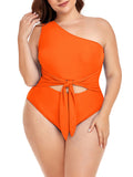 LC443580-1014-XL, LC443580-1014-2XL, LC443580-1014-3XL, LC443580-1014-4XL, Orange Women's Plus Size One Shoulder One Piece Swimsuit Cut Out Swimwear Bathing Suits