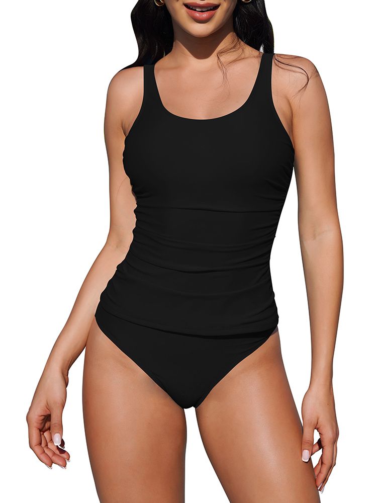 LC415778-2-S, LC415778-2-M, LC415778-2-L, LC415778-2-XL, Black Tankini Swimsuits for Women Ruched High Cut Cheeky Bikini Bottom Two Piece Bathing Suits