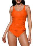 LC415778-14-S, LC415778-14-M, LC415778-14-L, LC415778-14-XL, Orange Tankini Swimsuits for Women Ruched High Cut Cheeky Bikini Bottom Two Piece Bathing Suits